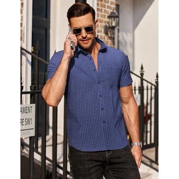 Blue square Men Short Sleeve Button Down Wrinkle Free Polka Dot Print Shirt